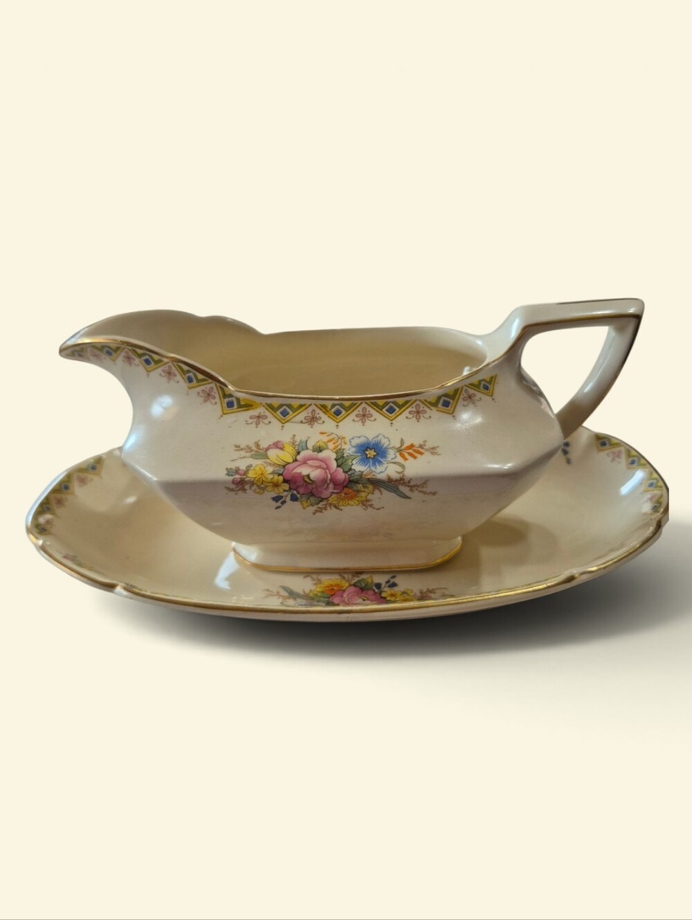 John Maddock and Sons Cream Floral Porcelain Gravy Boat with Underplate